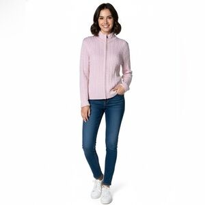 DAILY WOMEN Cotton Blend Pink Long Sleeve Cable Knit Full Zip Cardigan Sweater L